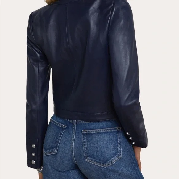 L’AGENCE Jayde Collarless Leather Jacket Midnight Sz 4 - Picture 3 of 13